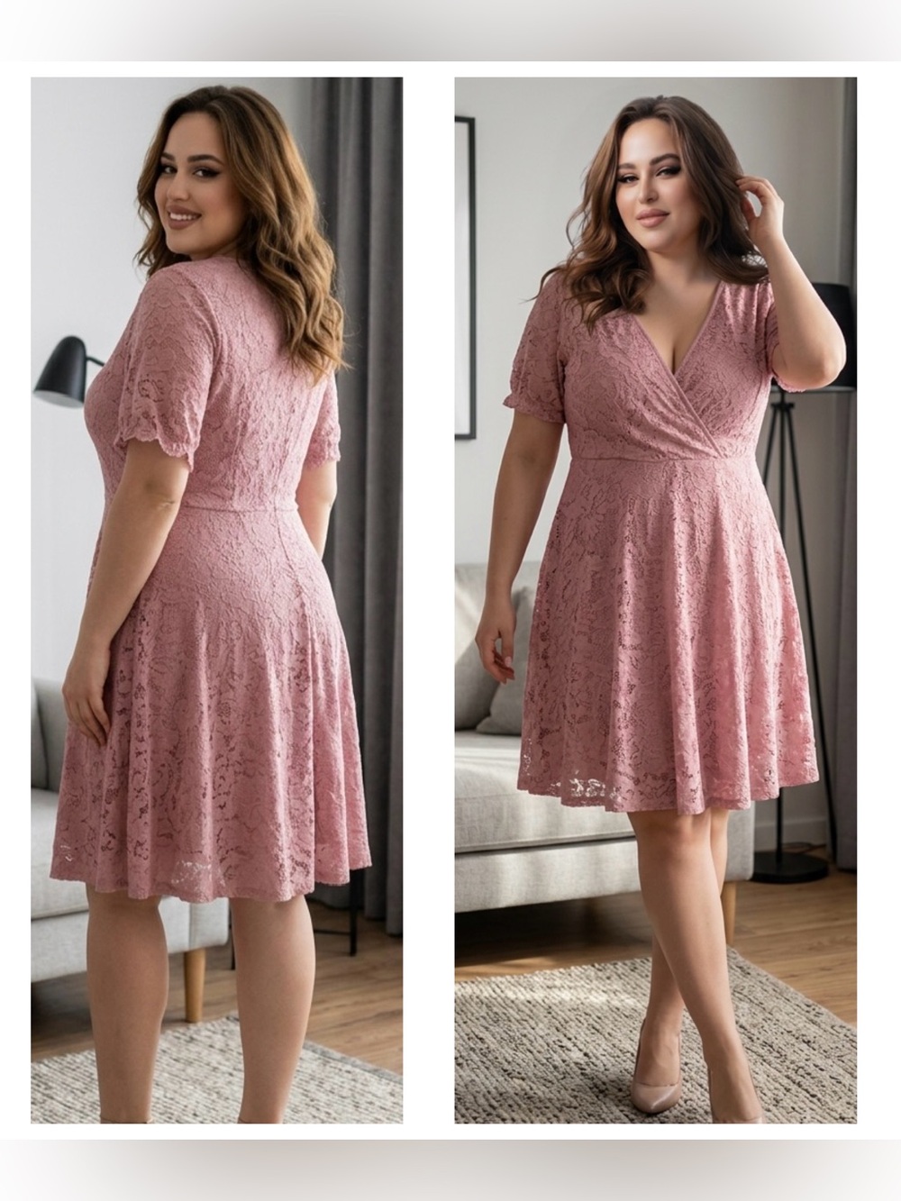Joress Curve Women Sz 0X Lace ruffle sleeve faux Wrap Skater Dress in Dusty Ros
